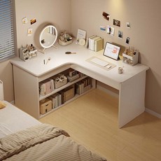 ANYOU 다기능 코너 책상 컴퓨터 책상 일체형 책장 수납 가정용 침실 학습용 테이블, 웜 화이트 좌측 코너형 L