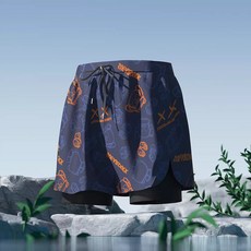 engVBDNCK 寬鬆男款沙灘褲 雙層內襯 彈性速乾, 橘色小熊