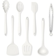 헤로고 실리콘 조리도구 세트 7개 구성 주방용품 내열 조리 도구 슬롯 턴 숟가락 수프 국자 파스타 서버 주걱 집게 논스틱 조리기구용 검은색, 흰색