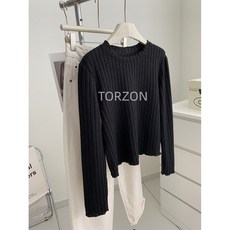 TORZON 여성용기본 라운드 긴팔 니트 티셔츠로 부드럽고 편안한 데이라이프 스트라이프 티셔츠