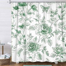 세이지 그린 플로럴 샤워 커튼 보헤미안 빈티지 라이트 화이트 나비 욕실용 모던 팜하우스 방수 천 패브릭 커튼 세트 후크 포함 182.9x182.9cm(72x72인치), 커튼 패널 플리츠 강화 내구성 세이지 그린 플로럴 샤워