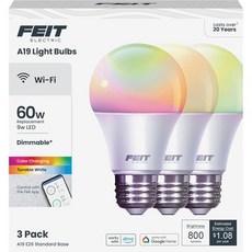 Feit Electric 스마트 전구 RGBW 색상 변경 및 백색광 조절 기능 60W 대체 디밍 Wi-Fi 지원 허브 불필요 Alexa Google 어시스턴트 연동, Rgbw + 60w, 3 Count (Pack of 1)