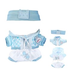 Beljeley 17cm 인형 옷 세트 라부부와 호환 체크 무늬 의상 어울리는 머리띠 모자 및 액세서리 포함(인형 없음) (브라운) 261327, 하늘색