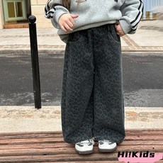 【刷毛】兒童牛仔褲子 女童長褲 韓版 複合奧粒絨時髦百搭滿印豹紋牛仔褲 洋氣中大童直筒寬褲H4
