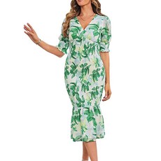 [ 1173889 ] 베리Go 여성용 우아한 스모크 러플 꽃무늬 프린트 바디콘 미디 드레스 퍼프 슬리브 임산부 해변 파티 칵테일 펜슬 결혼식 손님용 그린 S 플로럴 프린트-
