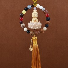 汽車掛飾黃楊木單圈雙環小佛掛件車載菩提蓮花車內后視鏡裝飾用品聖誕節裝飾派對裝飾聖誕掛飾聖誕佈置耶誕佈置居家佈置, 十八子觀音+黃色, 1個