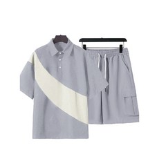 男士夏季短袖POLO衫與短褲兩件式套裝，撞色拼接設計，休閒運動風格