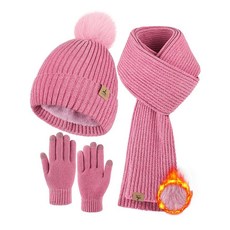 겨울 따뜻한 모자 스카프 및 터치 스크린 장갑 세트 니트 폼 비니 넥 워머 롱 여성 남성용 라이트 그레이 140804, Pink Pom