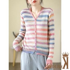 간절기 가디건 니트 브이넥 여성 여친 아우터 싱글 데이트룩 스트라이프 긴팔 여자 가을 OPH3