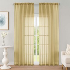 OWENIE 골드 시어 커튼 228.6cm(90인치) 길이 패널 2개 세트 거실 침실용 단색 필름 드레이프 우아한 창문 보일 시어 커튼 패널 드레이프 2개 각 149.9