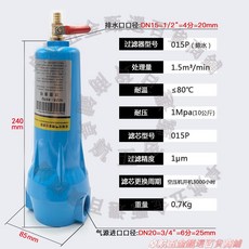 壓縮空氣精密過濾器 015P 1μm 過濾精度 1.5m³/min 處理量, 1個, 015P單支（除水）