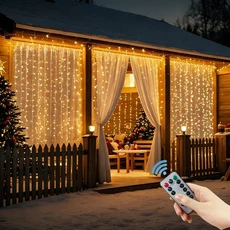 커튼 화환 LED 스트링 조명 USB 리모컨 요정 침실 홈 크리스마스 휴일 웨딩 장식 8 가지 모드, 04 Blue Light, 02 USB-3Mx3M 300LEDs, 04 Warm Light