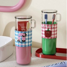 투니스 여행용 휴대용 체크 러블리 칫솔케이스 2개입, 프리사이즈, 핑크 + 그린