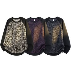 ROYALBELLE 남녀공용 커플 호피무늬 배색 라운드넥 루즈핏 캐주얼 긴팔 맨투맨 S0122514