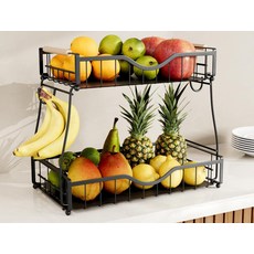 해피유통 다용도 2단 스토리지 랙 과일 선반 바나나 걸이 포함 공간 절약 주방 정리, 블랙