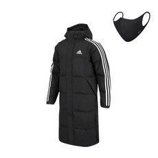 adidas 愛迪達 經典三線長版連帽羽絨外套+立體口罩