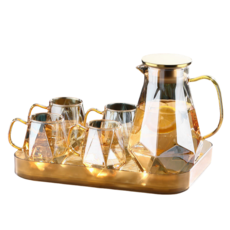 가정용 대용량 유리물병 물컵 세트 창의성 프리미엄 손잡이 물병 내열유리 차주전자세트, 샴페인색(1개병1+4개잔+트레이), 1개