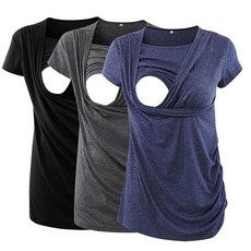 Ecavus 3피스 여성용 임산부 수유 상의 모유 수유용 반소매 사이드 주름 셔츠 02-블랙/다크 그레이/시아닌 XXL 186175, XX-Large