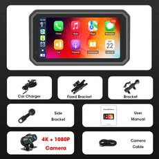 Develuck 6.25'' 카플레이 오토바이 DVR 내비게이션 GPS 안드로이드 IP67 방수 모니터 듀얼 블루투스 액세, 01 32GB, 02 B-4K 1080P DVR