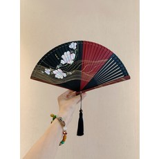 全新旗艦正品特價全竹扇噴繪紅色荷花摺扇 長約21.5cm 6寸, 如圖所示, 1個