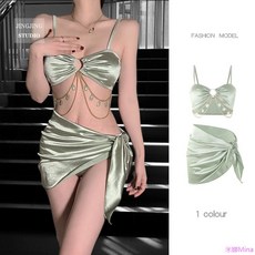 比基尼泳衣 顯瘦泳衣 兩件式泳衣 性感泳衣 分體泳衣 緞面性感比基尼三件套泳衣女小胸聚攏度假沙灘高級感泡溫泉, 綠色 (三件套),S (35.0 - 45.0 kg)
