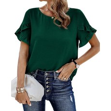 PRETTYGARDEN 여성용 셔츠 여름 캐주얼 크루넥 레이스 크로셰 반소매 블라우스 귀여운 꽃무늬 프린트 루즈 튜닉 상의 솔리드 다크 그린 XL