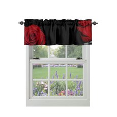 레드 로즈 밸런스 커튼 창문용 블랙 주방 로드 포켓 플로럴 발렌타인 데이 장식 창문 트리트먼트 짧은 토퍼 욕실 거실용 137.2 x 45.7cm(54 18인치) 125434