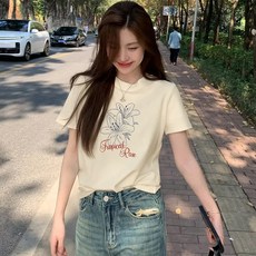 순면 백합 프린트 여성용 여름 티셔츠 디자인 감각이 돋보이는 다용도 정숄더 탑 루즈핏 반소매