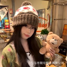 2025秋冬新款 複古提花毛綫帽女秋冬天保暖可愛櫻桃針織帽護耳百搭顯臉小包頭帽 P
