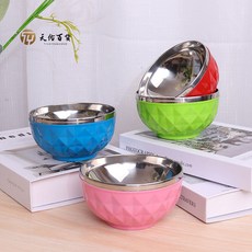彩色雙層不銹鋼碗 創意麵碗 湯碗 兒童喫飯隔熱飯碗 家用百閤碗 五彩碗, 1個, 13公分彩色雙層碗/500每件