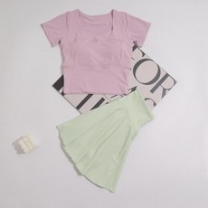 치마바지 팬츠 스윔 하이웨이스트 실내 비키니 바지 래쉬가드, 라이트그린 스커트+핑크 반팔