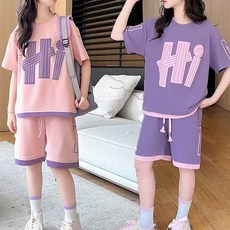 로르카 14세 이상 사용 가능 아동용 프린트 반팔 티셔츠 반바지 루즈핏 캐주얼 트레이닝세트 D01032908