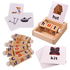 木質閱讀字母拼寫積木遊戲，兒童常用詞蒙特梭利旋轉字母架玩具, 1個, 單詞魔方