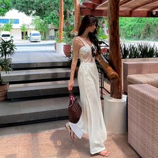 [비치팜]유리 트임 니트 커버업 비치웨어 에스닉 롱 원피스, 베이지