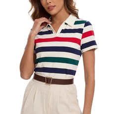 Sarefii 여성용 스트라이프 칼라 셔츠 골프 폴로 면 혼방 상의 반소매 티셔츠 테니스 티 여름 의상 레드 그린 블루 L 404785
