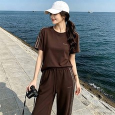休閒運動兩件套裝 大尺碼短袖闊腿褲套裝