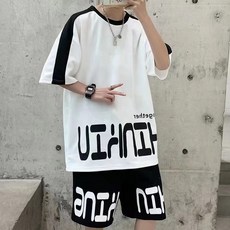 夏季男士休閒運動套裝：五分袖T恤短褲組合 寬鬆大碼潮流籃球健身服