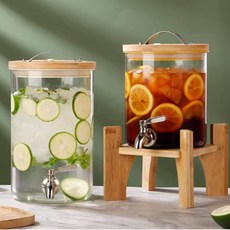 물병 수도꼭지 우드 워터저그 유리 물통 물항아리 대용량 카페 음료, 2.5L, 11_2.5L+세라믹용머리+대나무받침대, 1개, K_2.5L+세라믹용머리+대나무받침대, 2.5L