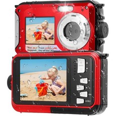 수중 카메라 11피트 풀 HD 27K 48MP 오토포커스 셀카 듀얼 스크린 방수 카메라플로팅 스트랩 포함 필 라이트 스노클링용 노란색, Red, 빨간색
