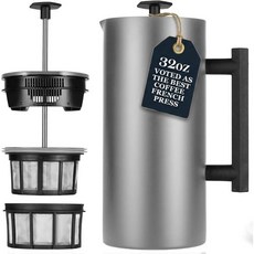 ESPRO P6 32온스 프렌치 프레스 커피 메이커 이중 벽 스테인리스 스틸 단열재 매트 블랙, 32 oz, Brushed Stainless Steel