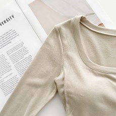 高彈力收腰內絨毛胸墊上衣 U領胸墊長袖上衣 緊身上衣 t恤 薄長袖