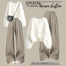 臺灣出貨 Glove 大碼微胖減齡套裝秋季設計感提花針織毛衣搭配氣質寬鬆顯瘦休閒褲 套裝女 兩件套 韓版 氣質風