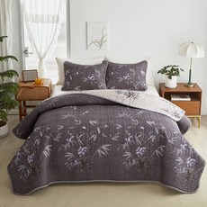 보태니컬 퀼트 세트 3피스 사이즈 화이트 6CM 228 228 플라워 브랜치 바탕에 사계절용 6CM 경량 양면 블루 세트 커버 90 침대 극세사 침대보 부드러운, 1 트윈68인치 x 86인치(퀼트 1개 + 장식용 베갯, 검은 나뭇잎