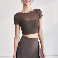 瑜伽服女 帶胸墊固定杯 網紗拼接假兩件 短款修身短袖 普拉提健身服 運動上衣 透氣排汗 彈力貼合 台灣發貨