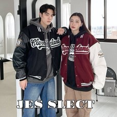 JES 韓國厚磅毛呢皮革拼接棒球外套 美式字母徽章刺繡 保暖情侶外套