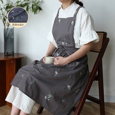 여름용 얇은 자수 앞치마 방오 방수 기능의 고급스러운 여성용 면마 작업복 오염에 강함, 전면 코튼 방수-다크 그레이