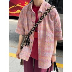 핑크 컬러 오버핏 체크 셔츠 남성 루즈핏 남방 여름 남자 구김없는 티 남친 룩 대학생 훈남