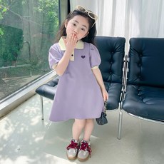 DFMEI 女童公主連衣裙夏季女孩裙子POLO純色韓版A字裙短袖裙襬禮服卡通