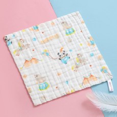 六層紗布口水巾方巾小方巾：柔軟吸水、多用途寶寶手帕、兒童洗臉巾、幼兒園必備, 1個, 27-熊貓馬戲團【30*30】, 白色