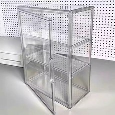 투명 릴 3단 컵 수납함 도어형 테이블 전시 선반 먼지차단 케이스 ⭐ 대형 투명 색상 - 2층 [경쟁사 대비 두 배 용량]